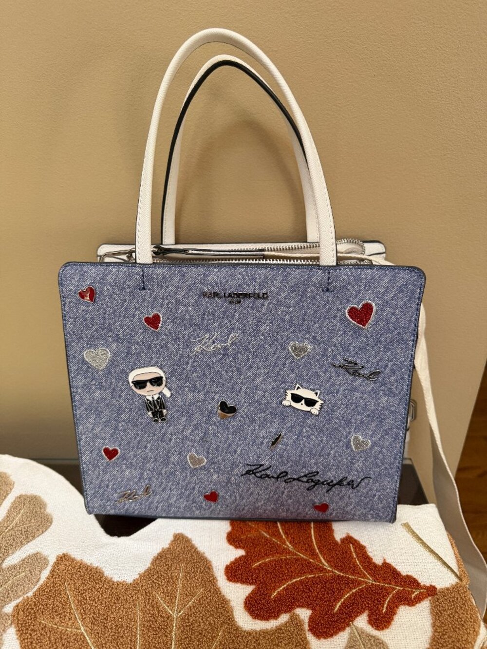 Karl Lagerfeld Paris Maybelle Satchel Bag Strap Double Top Handle Denim Blue NWT